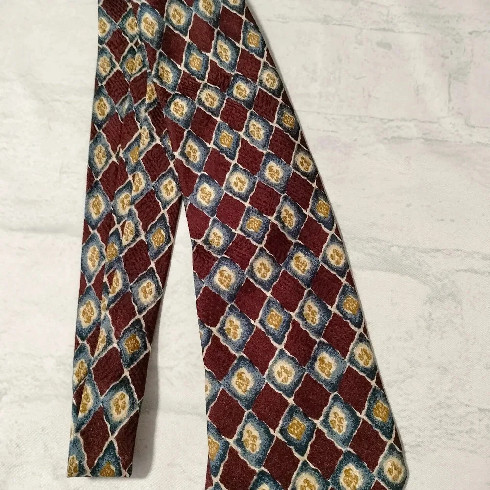 Lamberti Men's Tie Silk Maroon Blue Gold Geometric Pattern Made in Italy